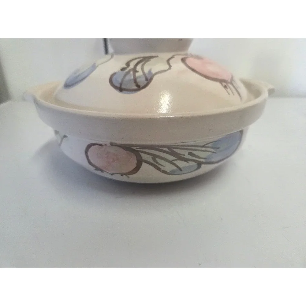 Vintage Donabe Japanese Clay Pot Hand Painted Vegetable Design Ceramic Casserole